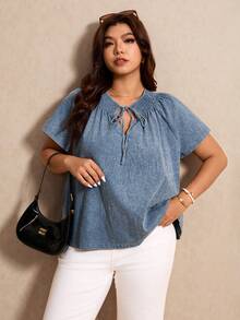 Elaquor Plus Size Dark Blue Summer Boho Vacation Washed Drawstring Blouse, Casual Business Office Work Travel Blouse For Women, Modern Top For Woman - Blue - View 6