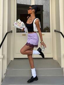 Muchica 女士新款时尚紫色缎面撞色蕾丝边迷你连衣裙，适合外出、街头风、Y2K时尚、情人节穿着 - 彩色 - 查看 5