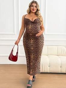 Plussiva Maternity Plus Size Leopard Print Loose Draped Neck Sleeveless Dress - Brown - View 8