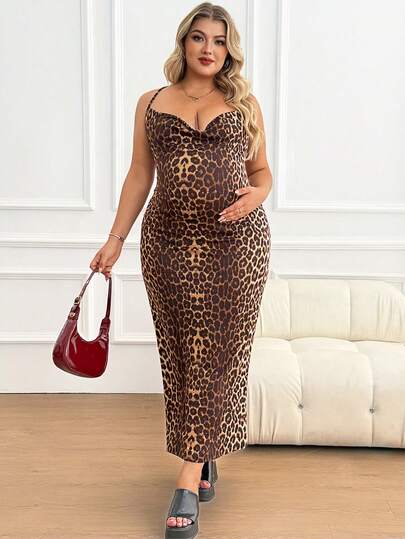 SHEIN Maternity Plus Size Leopard Print Loose Draped Neck Sleeveless Dress