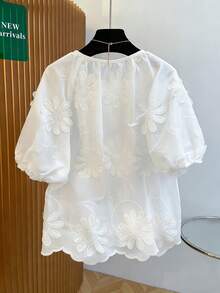 Franclia Women's Embroidered Decorative Short Sleeve Top - White - View 2