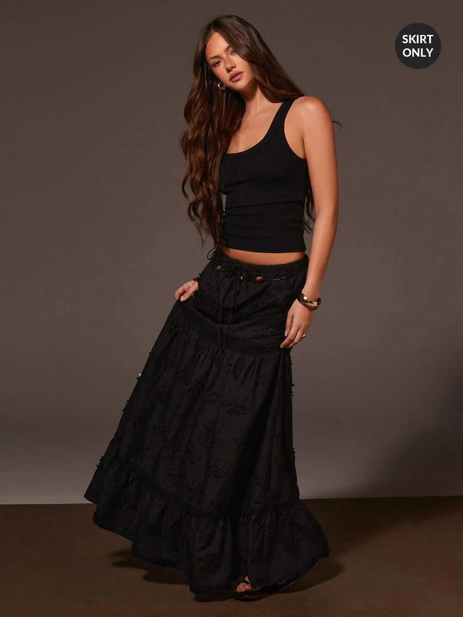 Athîral 2025 波西米亚风沙滩连衣裙 - 高开衩亚麻混纺长裙，松紧腰，蕾丝边饰，音乐节和度假的完美之选 | A字夏季连衣裙，女士夏季服装，女士度假装，白色沙滩装 - 黑色 - 查看 1