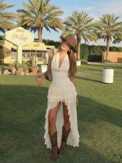 SHEIN MOD 女士夏季时尚性感度假简约纯色露背吊带不对称荷叶边连衣裙