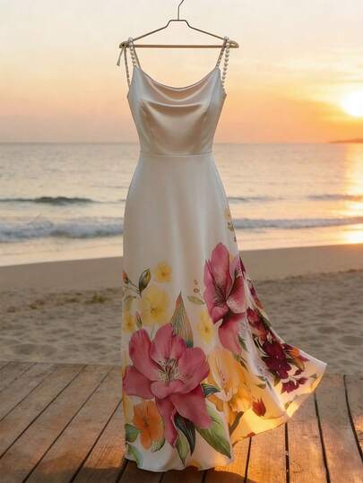 Franclia Elegant Spaghetti Strap Loose Shoulder Beaded Decor Vacation Dress, Floral Print, Spring/Summer, Casual Dress For Women