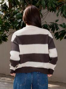 Bris Aura 条纹宽松圆领女式毛衣，长袖，秋季女装 - 咖啡棕 - 查看 2