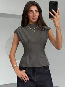Aloruh Women's Solid Color Round Neck Ruched Design Casual Blouse - Grey - View 7