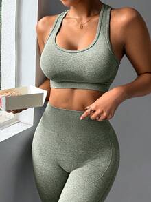 Slayform Women's Solid Color Cropped Tank Top And Leggings Sports Set - Army Green - View 4