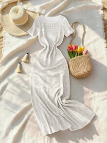Breezaya 2026春夏新款欧美风性感修身腰部休闲度假日常户外女士浪漫海滩派对晚宴海边针织米色女式毛衣连衣裙，镂空慵懒舒适，适合情人节穿着。 - 白色 - 查看 7