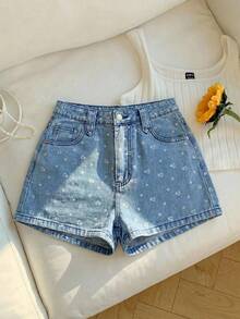 Rivivi Fashionable Casual Printed Washed Denim Shorts - Light Wash - View 1