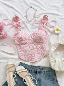 Soleia 女士花卉提花系带时尚优雅吊带衫 - 粉色 - 查看 3