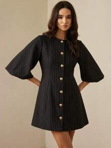 Vestido de punto de espiguilla de manga farol elegante, diseño de moda, calidad de alta gama - Negro 2 - Ver 3
