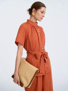 Aalyst 2 pezzi Set top a maniche corte con colletto arricciato e vita con laccio + pantaloni lunghi, adatto per appuntamenti, tè pomeridiano, laurea, pendolarismo - Arancione - Visualizzare 6