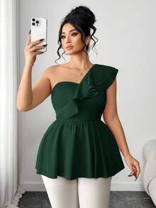 Elenzga Plus Size Women's Fashionable Red Bustier Camisole, Ruffle Patchwork Elegant Party Wear Sleeveless Camisole Top, Suitablalloween, Thanksgiving, Easter, National Day, Prom, Date, Wedding, Outdoor Activities Nice Dresses For Ladies Best Selling Dresses Latest Dress Classy Dresses For Women High Quality Dress Ruffle Trim Dress Green Dress One Shoulder Dress - Dark Green - View 3