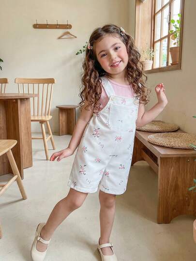 Vintaside Kids Baby Girls' Sweet Floral Decor Suspender Pants And Sleeveless Top Set, Loose And Comfortable Fit, Suitable For Daily Outings, Casual Trips, Family Gatherings, Summer Picnics