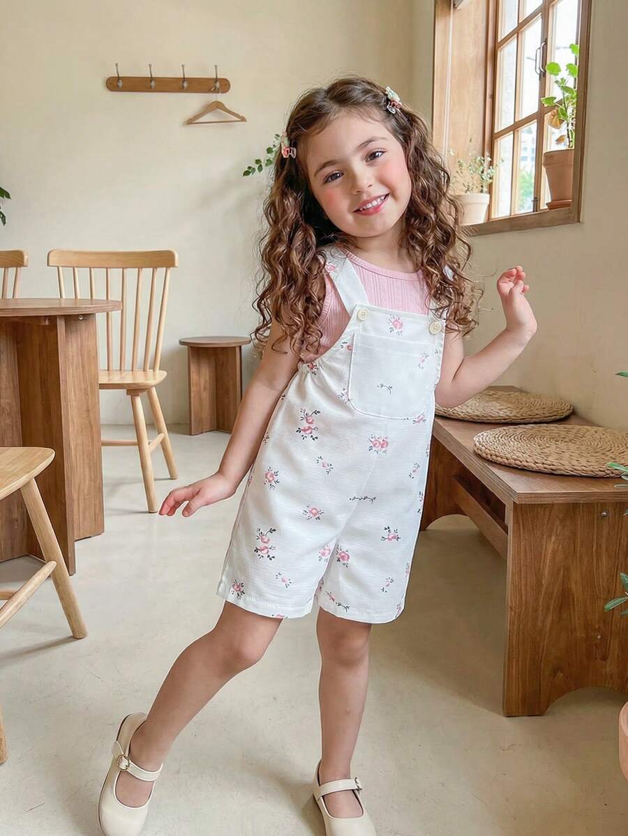 Vintaside Kids 女婴甜美碎花装饰背带裤和无袖上衣套装，宽松舒适，适合日常外出、休闲旅行、家庭聚会、夏季野餐。 - 彩色 - 查看 1