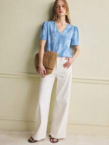 Écloséra Women's Solid V-Neck Casual Short Sleeve Blouse, Summer - Blue - View 3