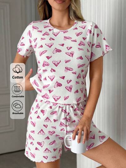 SHEIN Cotton 2pcs White With Big Purple Heart Pattern Rib Knit Round Neck Short Sleeved Shirt&Short Contrast Stitch Detailed Homewear Comfort Casual Women 2pcs Pajama Set