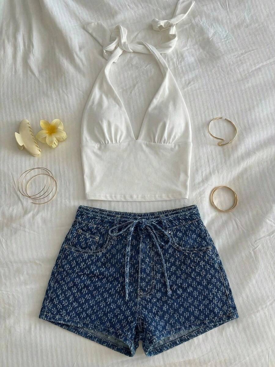 Rivivi 女士休闲水洗纹理修身牛仔短裤，夏季 - 深色水洗藍 - 查看 1