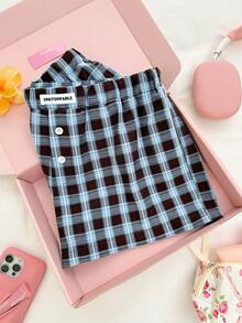 CovetEZ 女士格子纽扣设计休闲宽松短裤 女士度假套装 女士格子短裤 女士夏季套装 女士短裤 夏季女士休闲短裤 - 藍色 - 查看 3