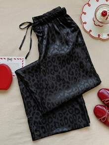 Comfortcana 女士休闲黑色豹纹抽绳腰宽松阔腿裤 - 黑色 - 查看 5
