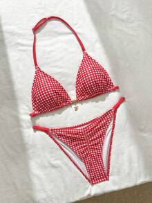 SHEIN Conjunto de bikini de tirantes con estampado de cuadros rojos y blancos, decoración de metal en el cuello, para adolescentes. Atuendo casual/resort/playa de verano - Rojo y blanco - Ver 7