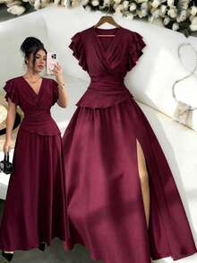 Elenzga New Crossover V-Neck Layered Ruffle Sleeve Knit Textured Top And Elastic Waist Skirt Set, Elegant Versatile For Party, Holiday, Valentine's Day, Casual Wear - Burgundy - View 1