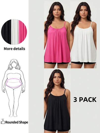 Enliva 3pcs/Set Plus Size Women's Solid Color (Black, Rosered, White) Loose Camisole With Adjustable Shoulder Straps, Suitable For Spring/Summer Vacation Back To School, For Apple And Rounded Body Shape