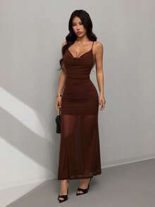 SHEIN PETITE Đầm nữ hở lưng với cổ yếm và lưng đính hạt, màu nâu, đầm đi nghỉ mát, thích hợp cho kỳ nghỉ biển và du lịch thường ngày. - màu nâu - Xem 8