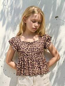 SHEIN Girls' Blue Cap Sleeve Shirt, Fashionable Summer Tops, Soft & Stylish Design, Versatile For Vacation, Travel, Campus And Daily Wear - Multicolor - View 2