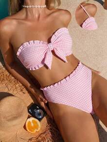 Swim Mod Women's Pink Sweet Bikini 2-Piece Set, Featuring Textured Bubble Fabric, Bow Accent At Bust, High-Waisted Ruffled Hem, Retro Houndstooth Pattern, Halter Neck And Back Tie Design, Cute And Energetic For Beach, Pool Party, Valentine's Day - Pink - View 1