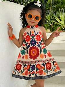 SHEIN Baby Girl Floral Print Casual Vacation Sleeveless Dress - Multicolor - View 1