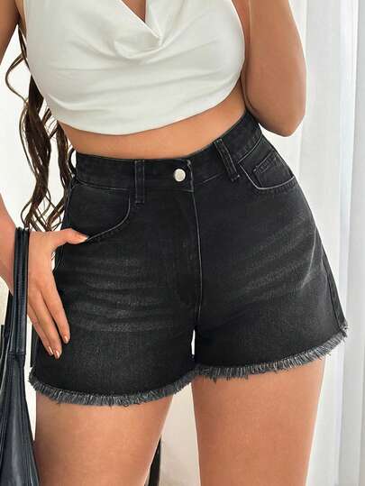 SHEIN Pantaloncini di jeans da donna con vita alta, lavaggio scuro e orlo sfrangiato