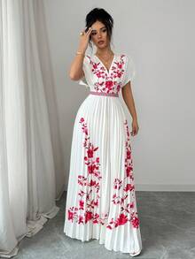 Elenzga 优雅浪漫精致女士V领收腰A字褶裥印花连衣裙 - 彩色 - 查看 6