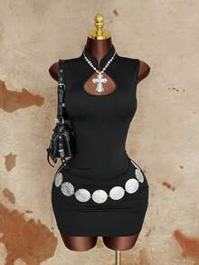 Sunspun Black Fashionable Hollow-Out Sexy Backless Dress, Summer New Tight-Fitting Slim Bodycon Mini Skirt - Black - View 5