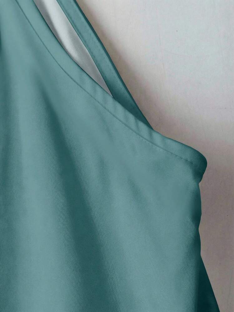 SHEIN Clasi Mono de estilo minimalista casual con bloques de color, estampado abstracto geométrico verde y de hojas de vidrio esmerilado, versátil para primavera/verano - Multicolor - Ver 3