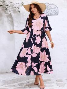 Miaspire Plus Size Navy Blue Floral Print Midi Dress For Women,Summer Boho Elegant Casual Vacation Holiday Outfits,Country Style Tea Party Mothers Day Dress - Multicolor - View 6