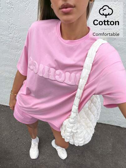 Muchica 粉色针织女式字母压纹短袖T恤和短裤套装