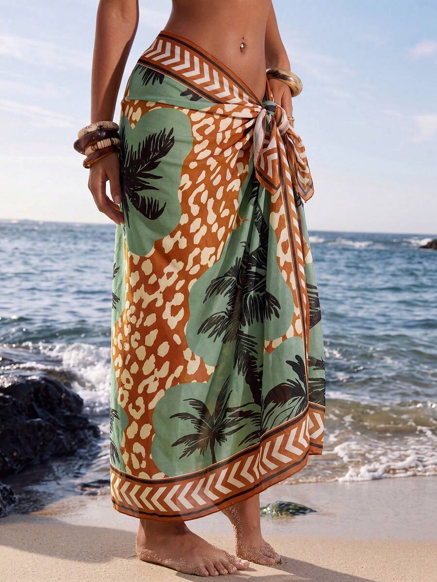 Swim Oasis 女士春夏新款椰树图腾印花网纱沙滩裙，热带风情，适合沙滩派对、泳池派对、假日派对、休闲夏季海滩度假 - 彩色 - 查看 1