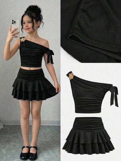 Firerie Kids Tween Girl Casual Open Shoulder Sleeveless Top With Metal Rose Decor & Ruched Waist Tiered Skirt 2Pcs Set, Elegant Princess Formal Outfit, Sibling Matching, Party Dress, Birthday Outfit, Suitable For Daily Wear, Holidays, Family Gatherings, Special Occasions, Cute, Elegant, Sweet, Retro, Fashionable. Matching For Mom, Daughter, Sisters, Spring/Summer, Vacation Black Skirt Set Two Piece Skirt