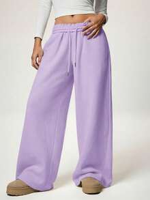 SHEIN Forever 21 秋冬新款休闲宽松高腰弹力腰带阔腿运动裤，加厚保暖内衬 - 淡紫色 - 查看 6