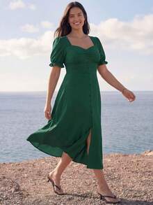 Juhart Đầm tay ngắn màu trơn cổ tim xẻ tà cao đến đùi, cỡ lớn - màu xanh lá - Xem 7