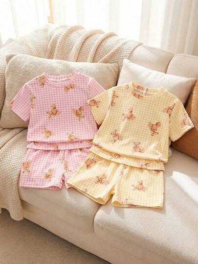 Souflis Souflis 4件套新生儿/女婴可爱小熊格子印花T恤和短裤套装，春夏款