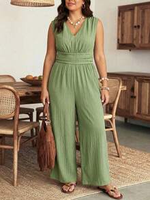 Enliva Women's Solid Deep V-Neck Ruched Sleeveless Jumpsuit Summer Green Casual,Friendly To Round Body Curves - Green - View 8