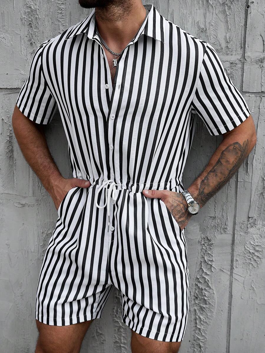 Manfinity CasualCool 男士条纹短袖单排扣抽绳衬衫配短裤 - 彩色 - 查看 1