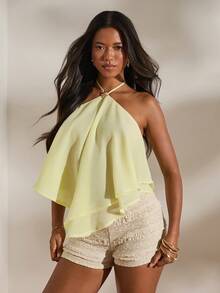 Opulessa Women's Solid Color Woven Halter Backless Blouse, Suitable For Spring/Summer Vacation,Summer Top - Light Yellow - View 5