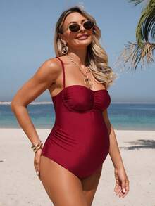 Swim Vcay Maternity Solid Color Ruched One-Piece Swimsuit - Multicolor - View 4