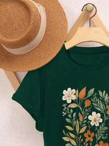 SHEIN Tween Girl Short Sleeve Floral Print Tee - Dark Green - View 4