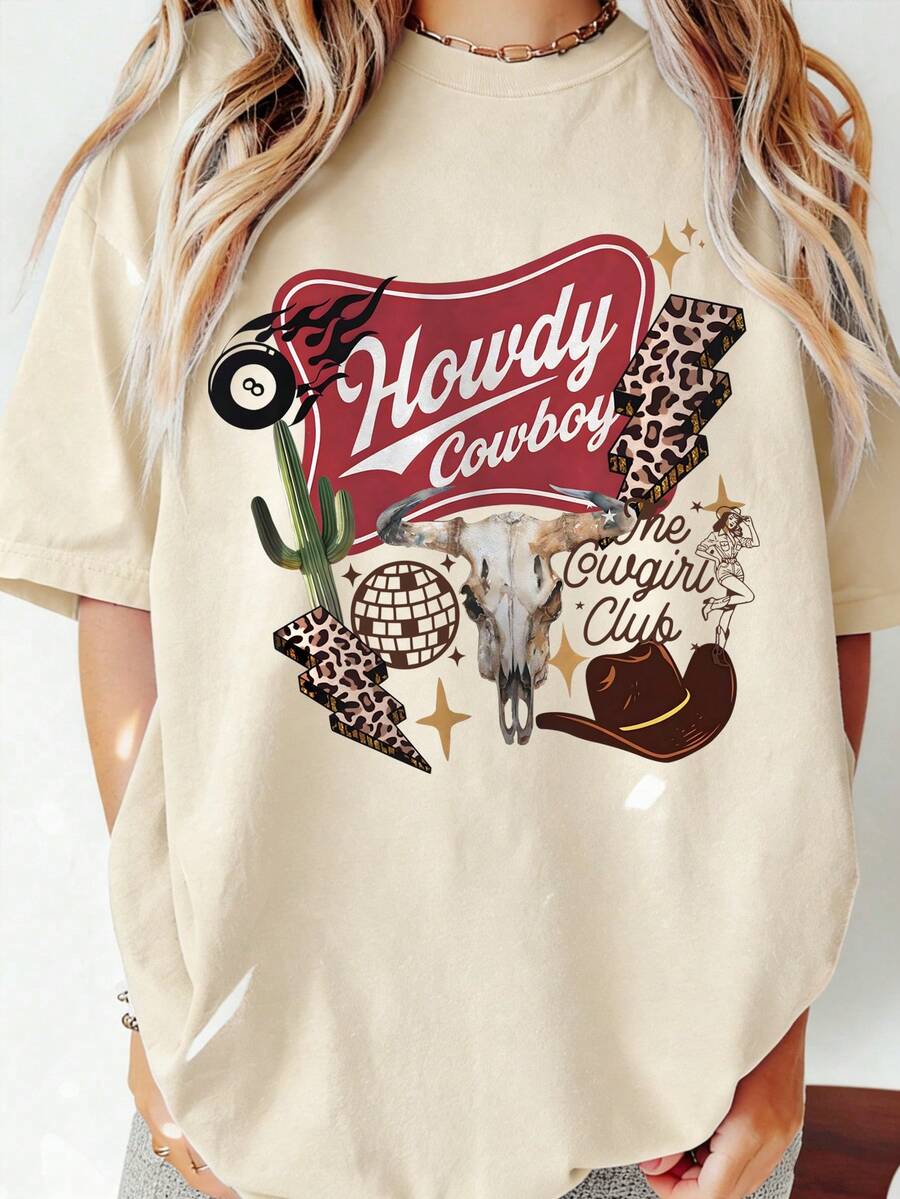 EMERY ROSE 西部风情图案T恤，灵感源自牛仔竞技表演，复古乡村音乐会风格，印花圆领休闲女式T恤，轻薄透气，适合春夏穿着。 - 杏色 - 查看 1