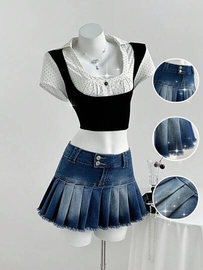 Elamini Chân váy denim ngắn nữ thời trang, đa năng, xếp ly, có khuy cài, tua rua, thích hợp cho hẹn hò và dự tiệc.