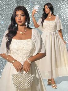 Viva Relle 大码女式提花杏色优雅度假连衣裙，春夏款 - 杏色 - 查看 9